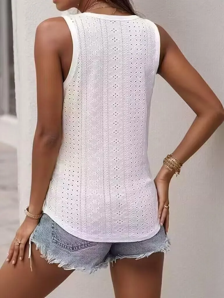 Button Embroidered Eyelet Tank Top Women Summer Tops Casual Country V Neck Tee Shirts Sleeveless Fashion Loose Blouse