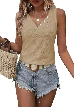 Button Embroidered Eyelet Tank Top Women Summer Tops Casual Country V Neck Tee Shirts Sleeveless Fashion Loose Blouse