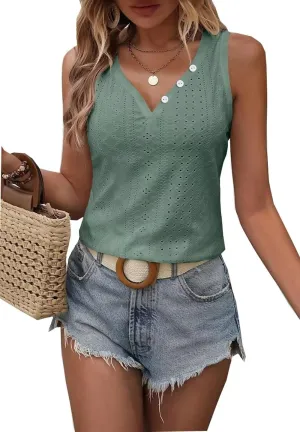 Button Embroidered Eyelet Tank Top Women Summer Tops Casual Country V Neck Tee Shirts Sleeveless Fashion Loose Blouse