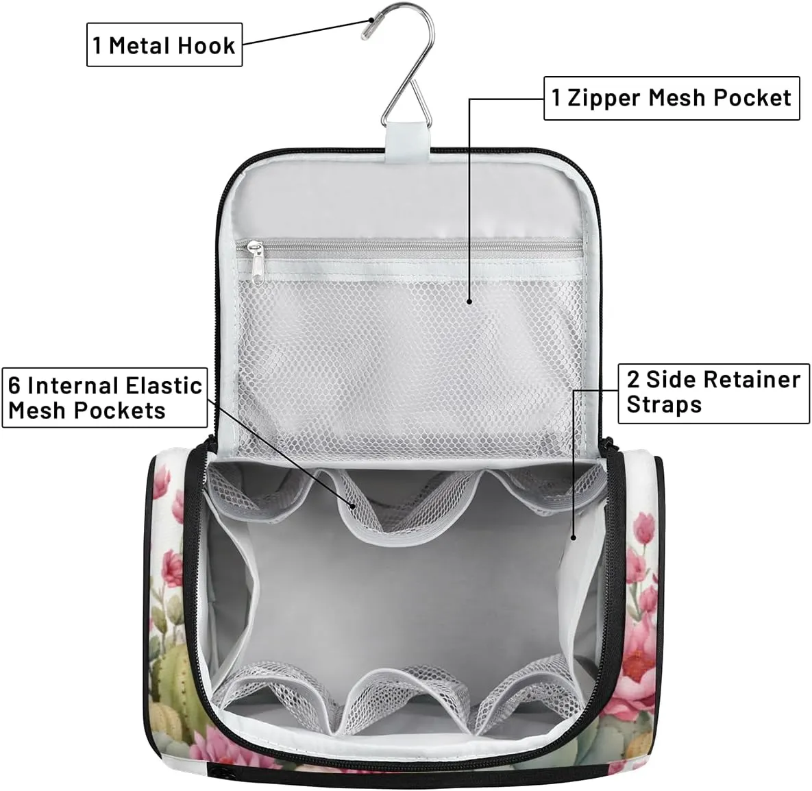 Cactus Travel Makeup Bag Hanging Toiletry Bag for Women Make up Organizer Portable Cosmetic Bags with Dividers Inside