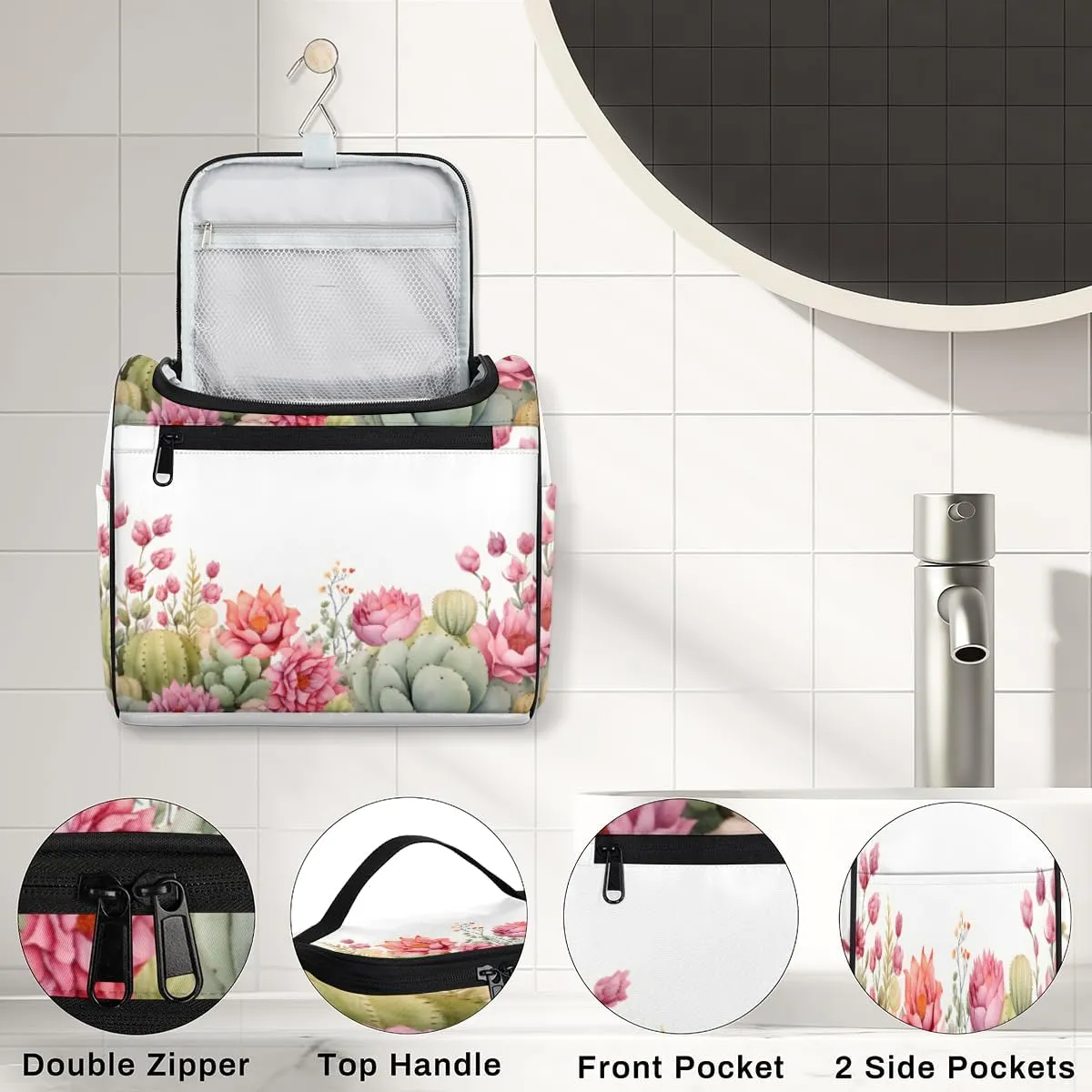 Cactus Travel Makeup Bag Hanging Toiletry Bag for Women Make up Organizer Portable Cosmetic Bags with Dividers Inside