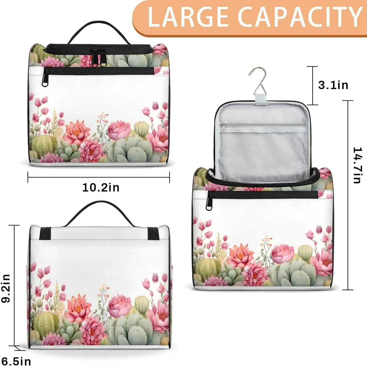 Cactus Travel Makeup Bag Hanging Toiletry Bag for Women Make up Organizer Portable Cosmetic Bags with Dividers Inside