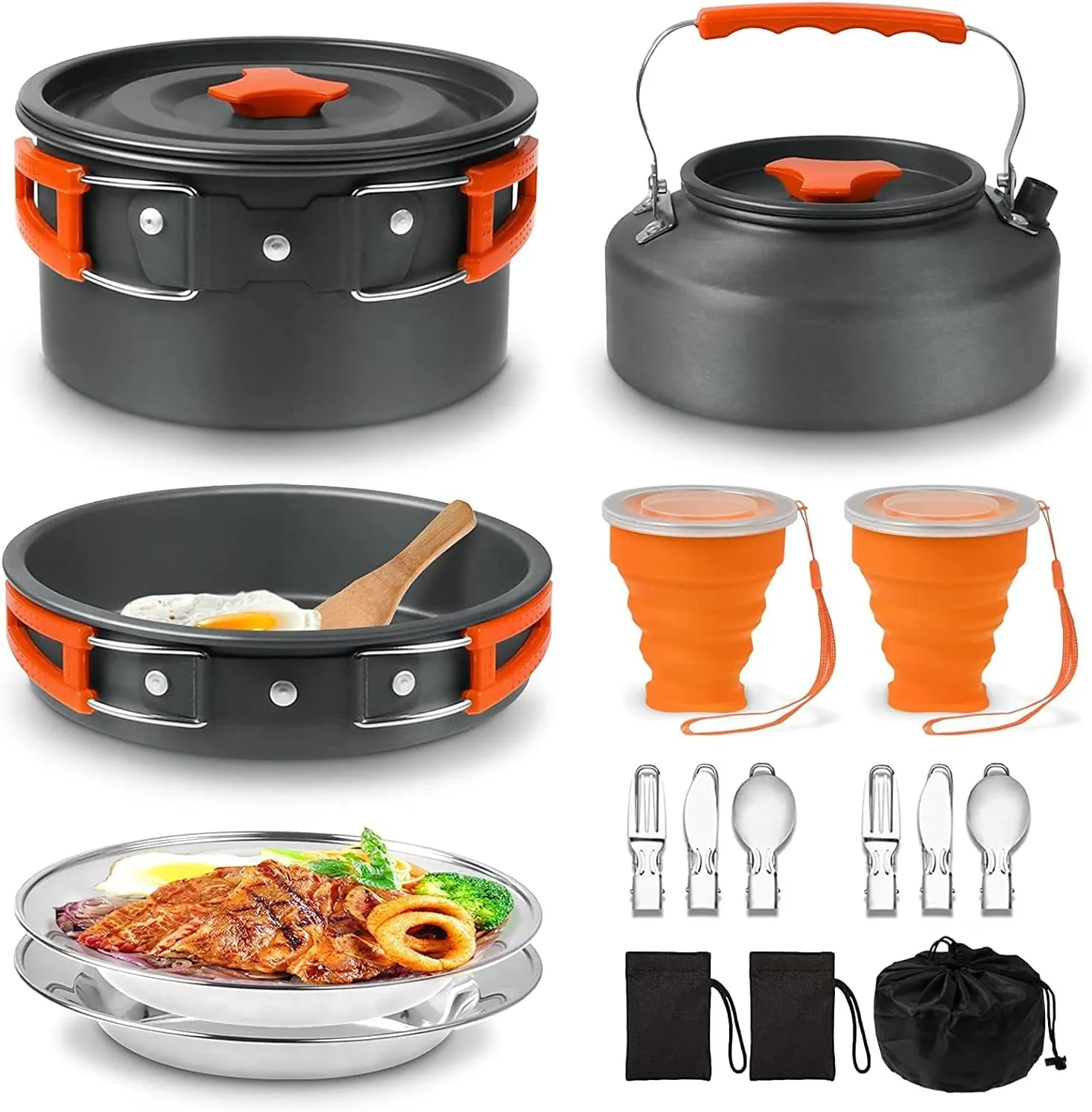 Camping Cooking Set Camping Cookware Outdoor Aluminum Mess Kit with Frying Pan, Pot with Lid, 1.2L Kettle Set and 2 Stainless Steel Plate, 2 Folding Cups and 2 Set Knives Spoons for Backpacking Picnic
