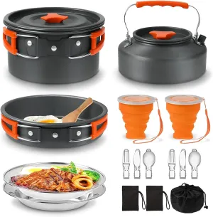 Camping Cooking Set Camping Cookware Outdoor Aluminum Mess Kit with Frying Pan, Pot with Lid, 1.2L Kettle Set and 2 Stainless Steel Plate, 2 Folding Cups and 2 Set Knives Spoons for Backpacking Picnic