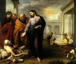 Canvas Christ Healing The Paralytic at The Pool of Bethesda by Bartolome Murillo Painting by George Garrard 20" X 24" Image Size Repro on Canvas Shipped Rolled Up. NATL316