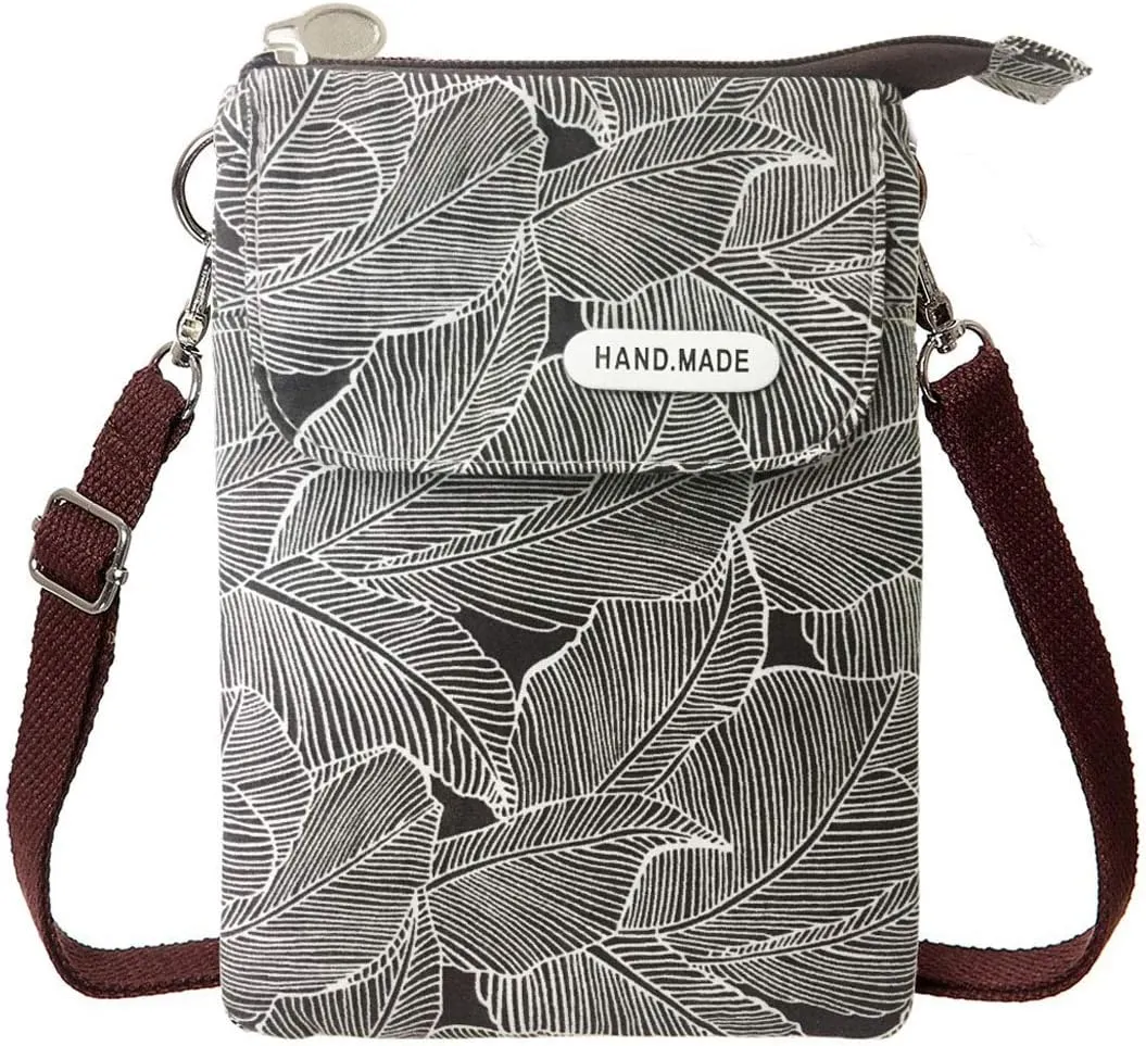 Canvas Cute Crossbody Bags for Women Mini Shoulder Handbag Cell Phone Purse Wallet Leaves Pattern Coin Pouch