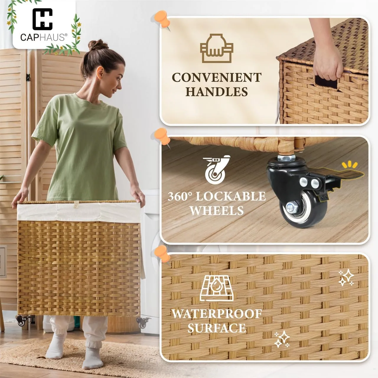 CAPHAUS Laundry Basket w/Wheels, Synthetic Rattan Laundry Hamper w/Lid, Removable Liner Bags, Mesh Bags, Pulling Strap, Clothes Hamper for Laundry, Basket w/Lid for Storage, 160L, Grey