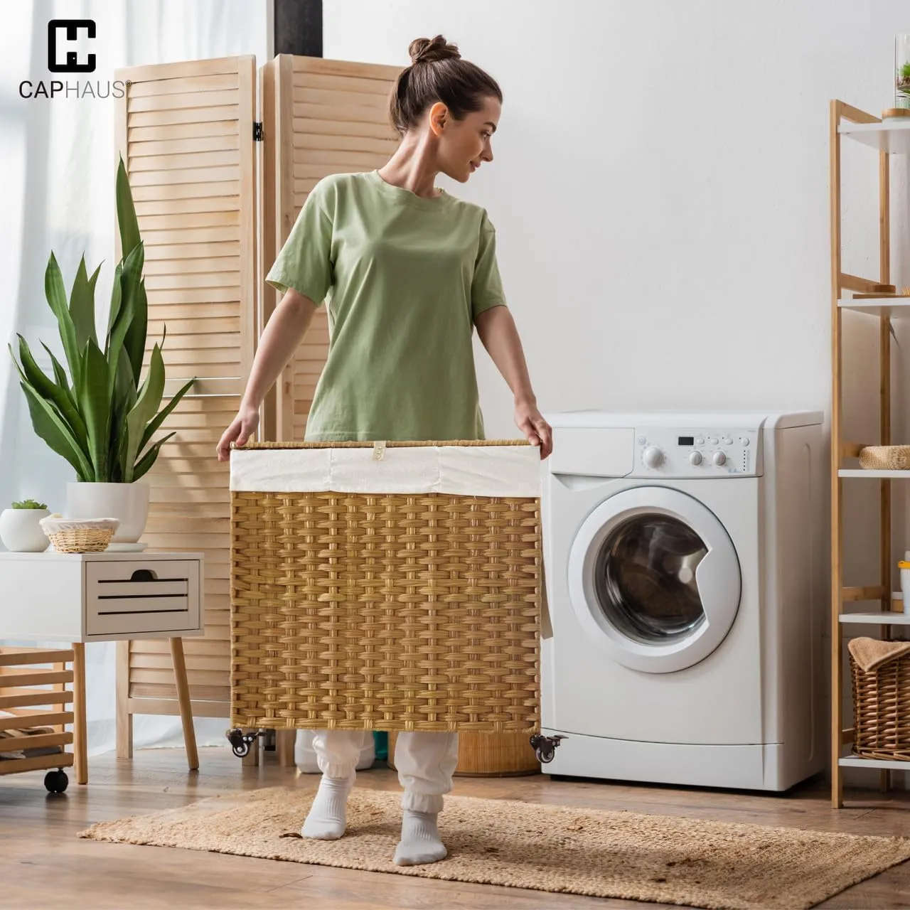 CAPHAUS Laundry Basket w/Wheels, Synthetic Rattan Laundry Hamper w/Lid, Removable Liner Bags, Mesh Bags, Pulling Strap, Clothes Hamper for Laundry, Basket w/Lid for Storage, 160L, Grey