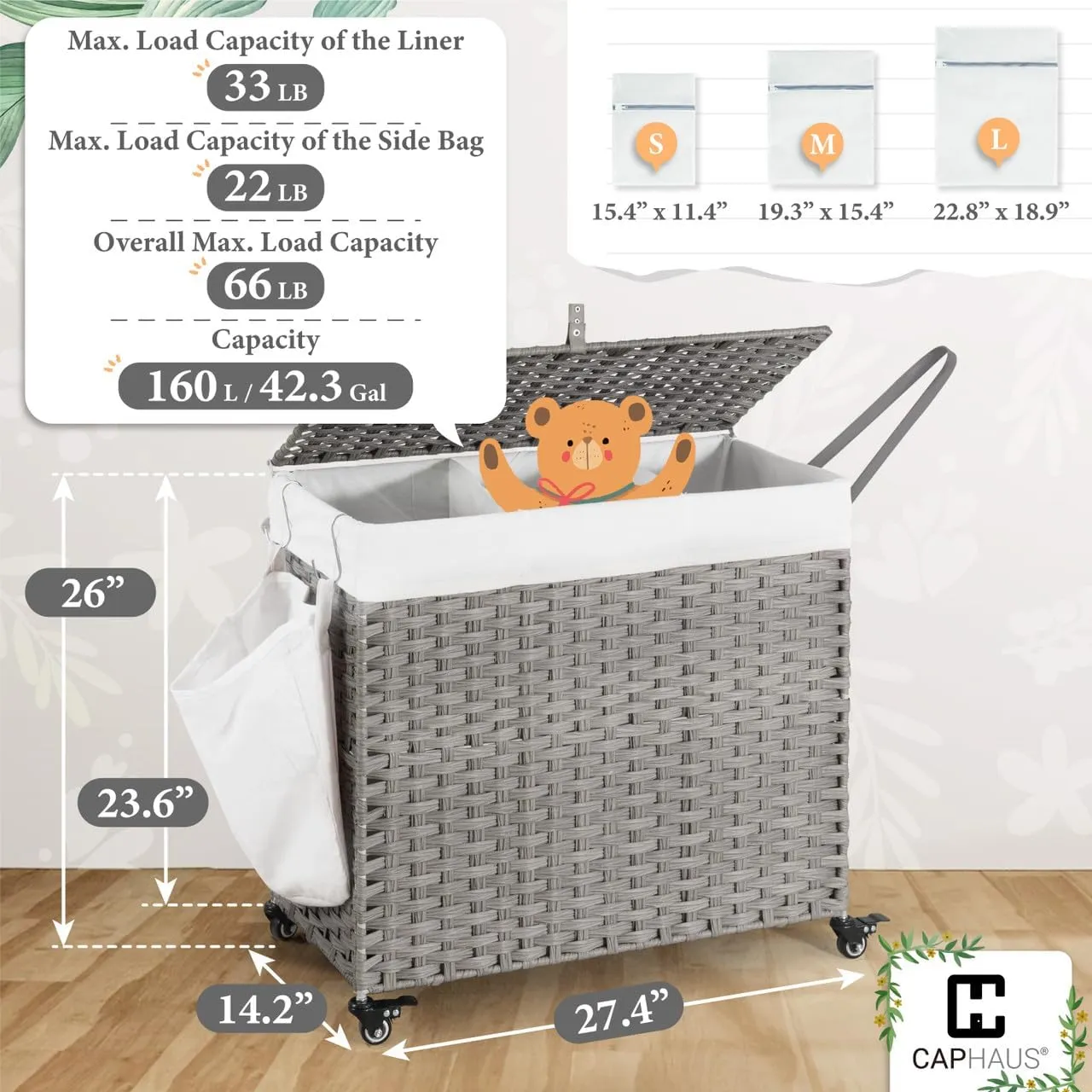 CAPHAUS Laundry Basket w/Wheels, Synthetic Rattan Laundry Hamper w/Lid, Removable Liner Bags, Mesh Bags, Pulling Strap, Clothes Hamper for Laundry, Basket w/Lid for Storage, 160L, Grey