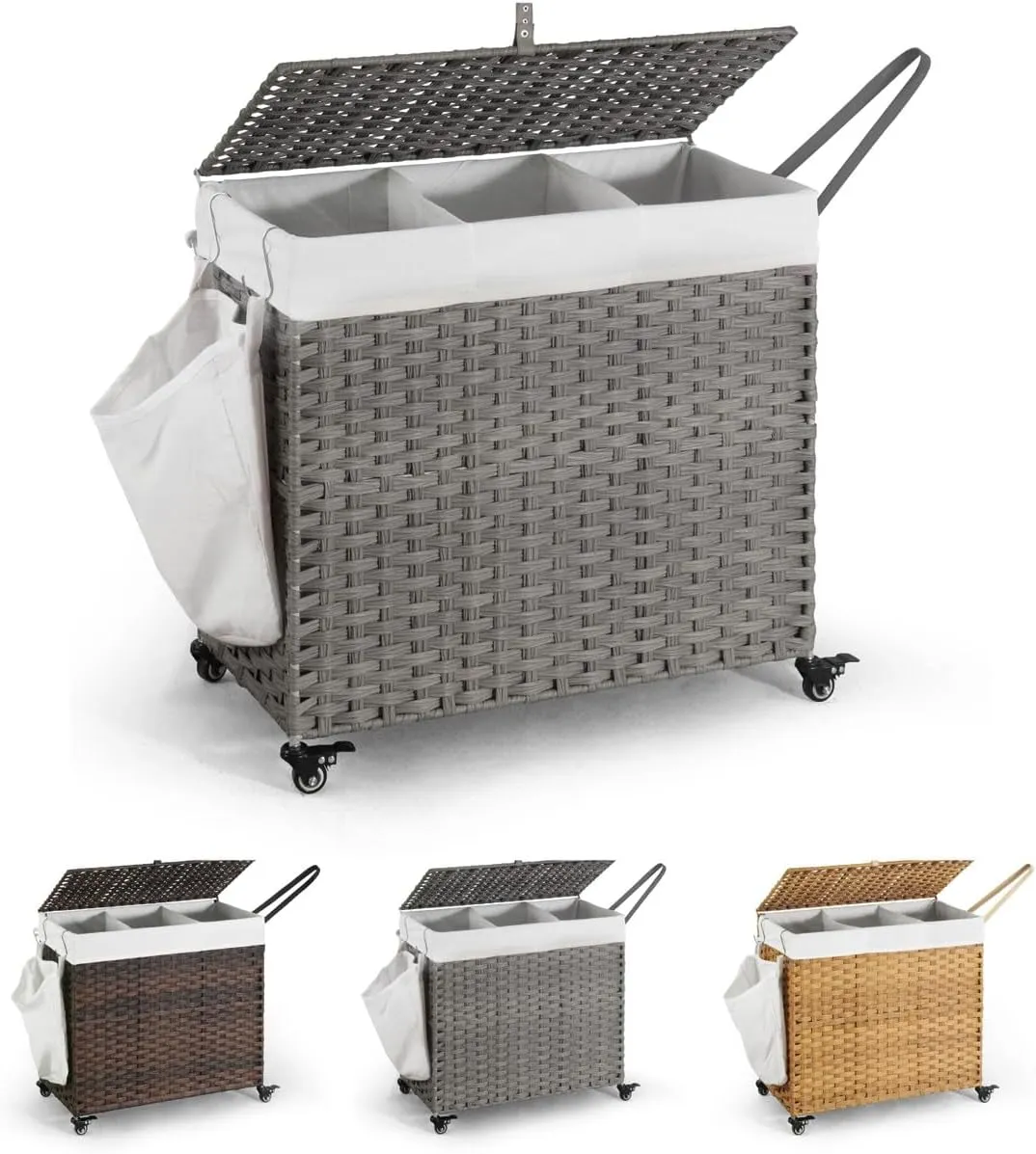 CAPHAUS Laundry Basket w/Wheels, Synthetic Rattan Laundry Hamper w/Lid, Removable Liner Bags, Mesh Bags, Pulling Strap, Clothes Hamper for Laundry, Basket w/Lid for Storage, 160L, Grey