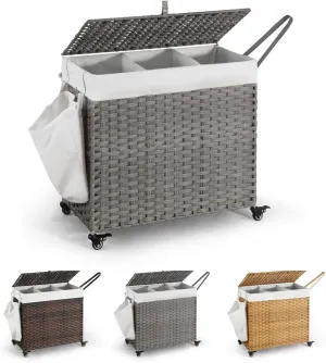 CAPHAUS Laundry Basket w/Wheels, Synthetic Rattan Laundry Hamper w/Lid, Removable Liner Bags, Mesh Bags, Pulling Strap, Clothes Hamper for Laundry, Basket w/Lid for Storage, 160L, Grey