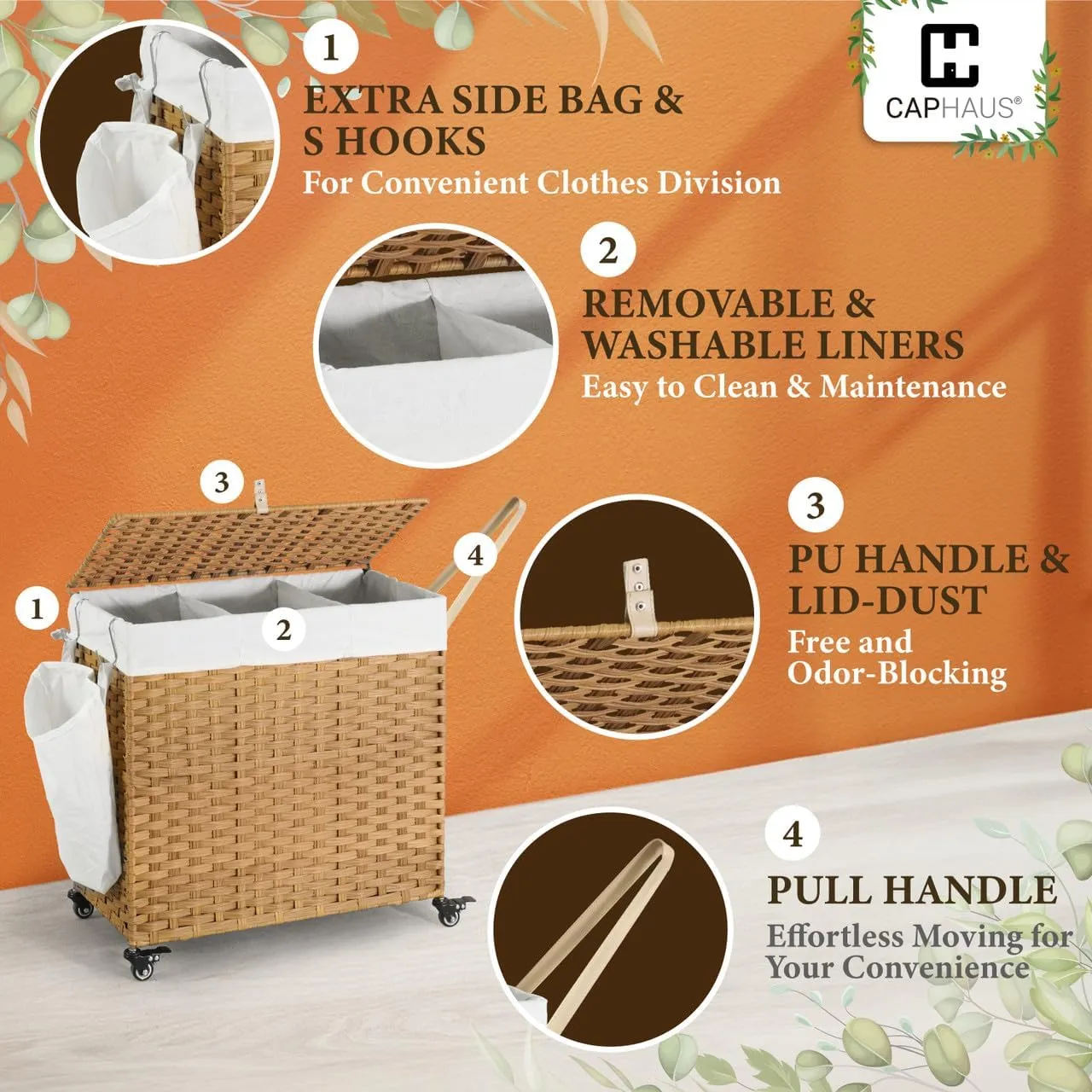 CAPHAUS Laundry Basket w/Wheels, Synthetic Rattan Laundry Hamper w/Lid, Removable Liner Bags, Mesh Bags, Pulling Strap, Clothes Hamper for Laundry, Basket w/Lid for Storage, 160L, Grey