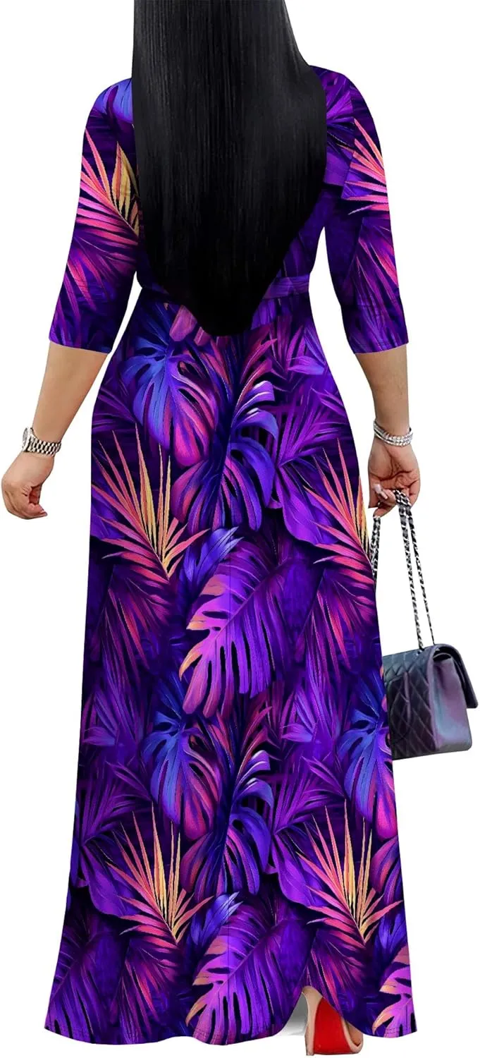 Casual V Neck Maxi Dresses for Women 2025 - Floral Print Summer 3/4 Sleeve Wrap Sundress with Belt