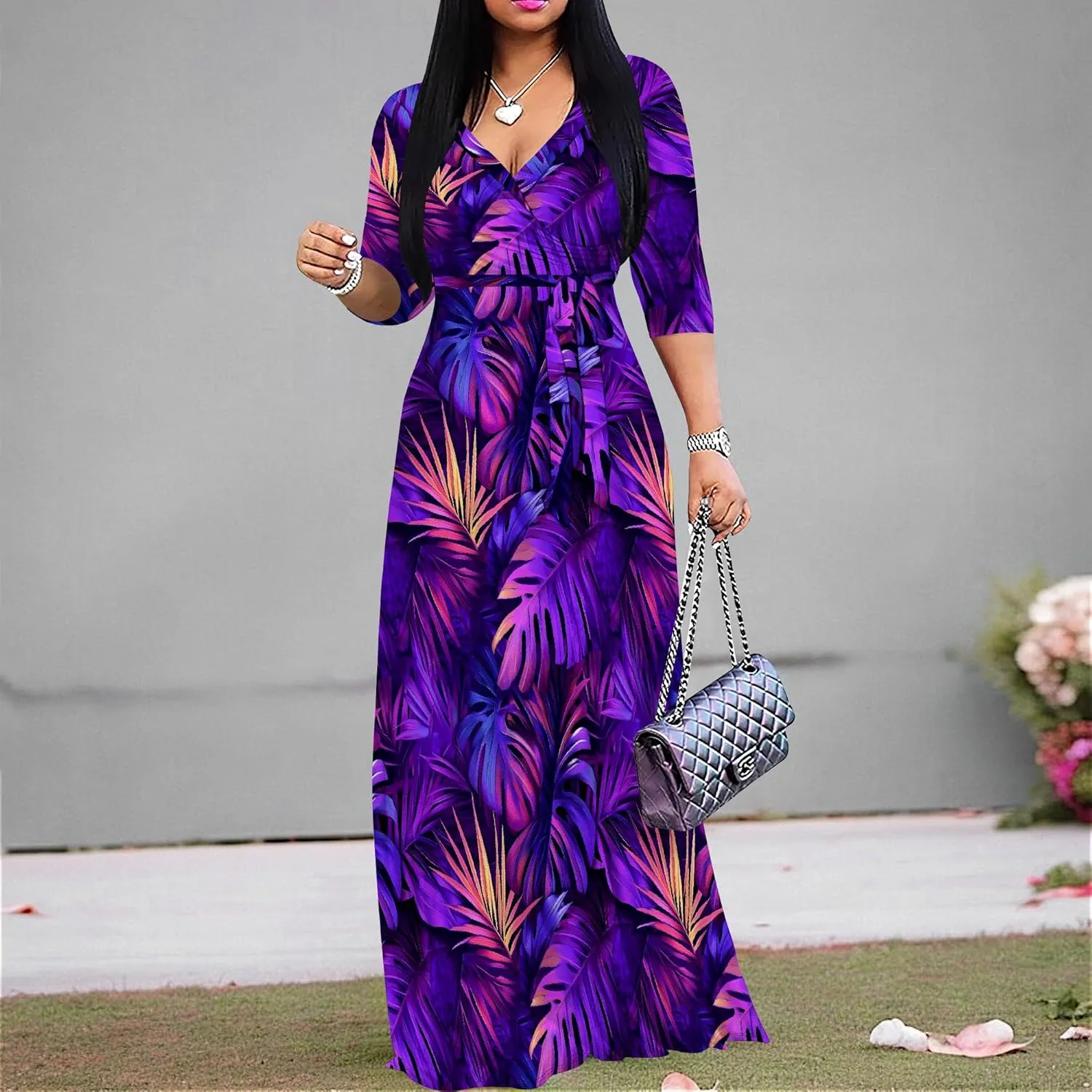 Casual V Neck Maxi Dresses for Women 2025 - Floral Print Summer 3/4 Sleeve Wrap Sundress with Belt