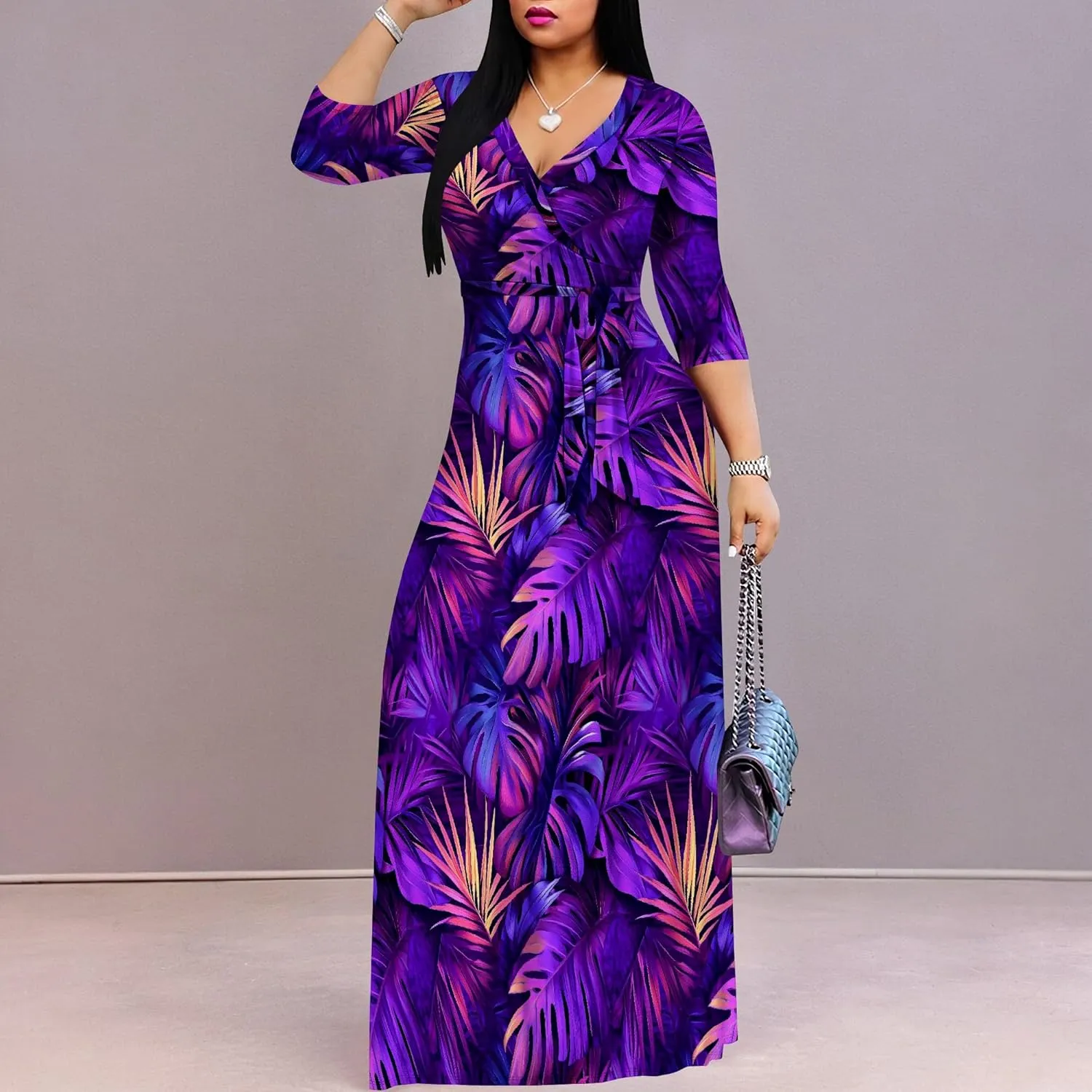 Casual V Neck Maxi Dresses for Women 2025 - Floral Print Summer 3/4 Sleeve Wrap Sundress with Belt