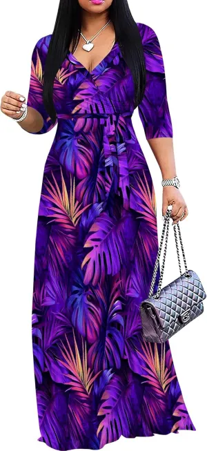 Casual V Neck Maxi Dresses for Women 2025 - Floral Print Summer 3/4 Sleeve Wrap Sundress with Belt