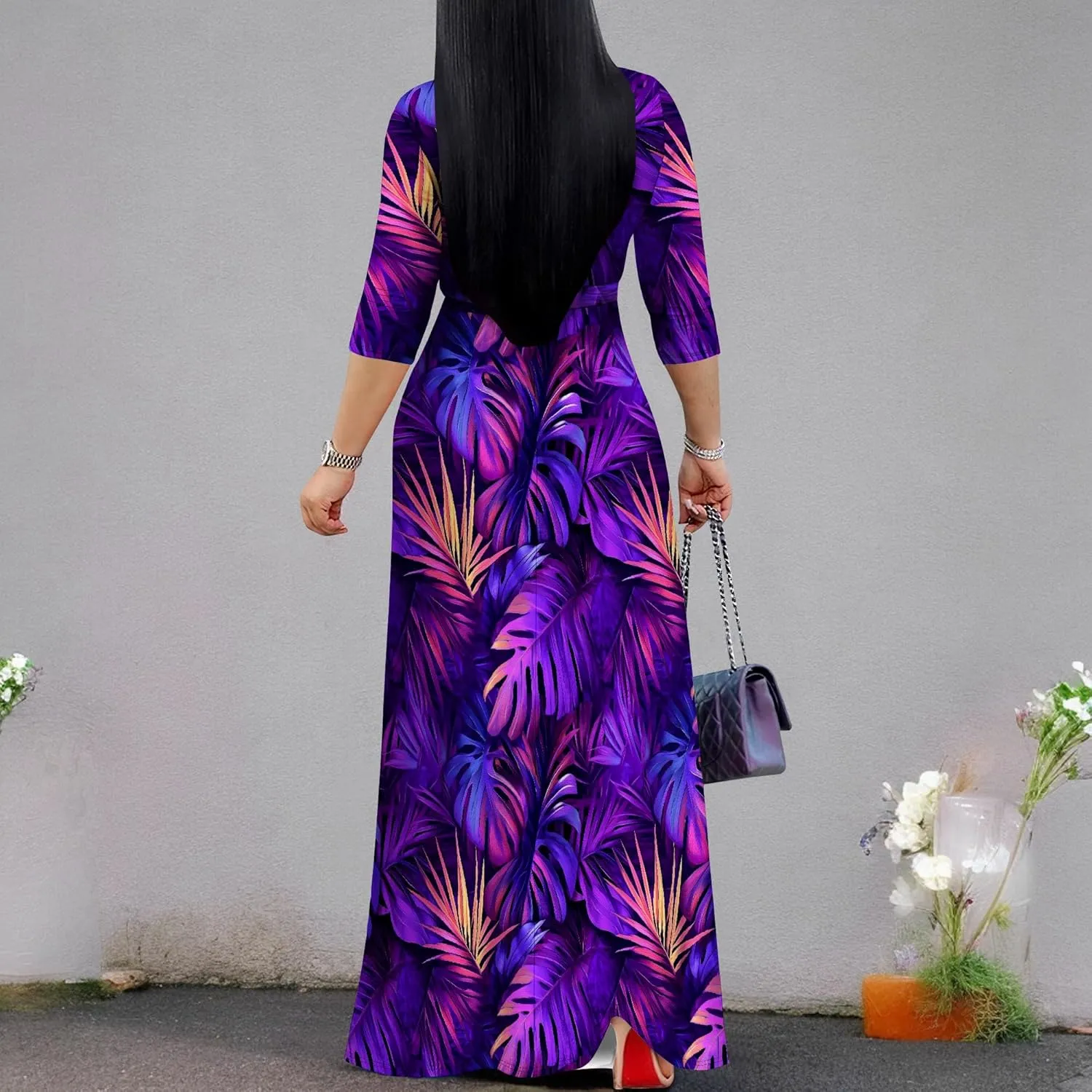 Casual V Neck Maxi Dresses for Women 2025 - Floral Print Summer 3/4 Sleeve Wrap Sundress with Belt