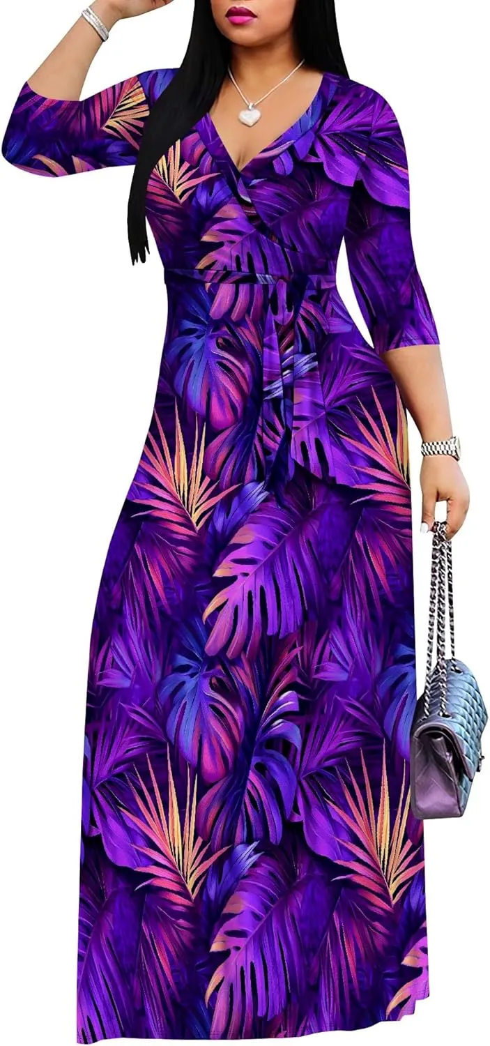 Casual V Neck Maxi Dresses for Women 2025 - Floral Print Summer 3/4 Sleeve Wrap Sundress with Belt
