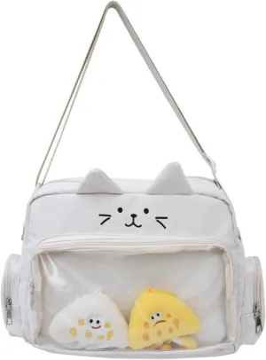 Cat Ita Bag with Clear Window & 2 Cute Doll Charms - Kawaii Y2K Japanese Anime Crossbody Itabag for Women
