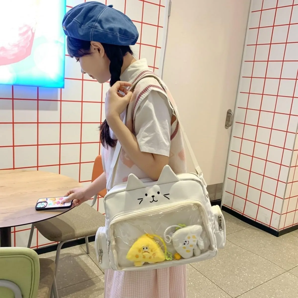Cat Ita Bag with Clear Window & 2 Cute Doll Charms - Kawaii Y2K Japanese Anime Crossbody Itabag for Women