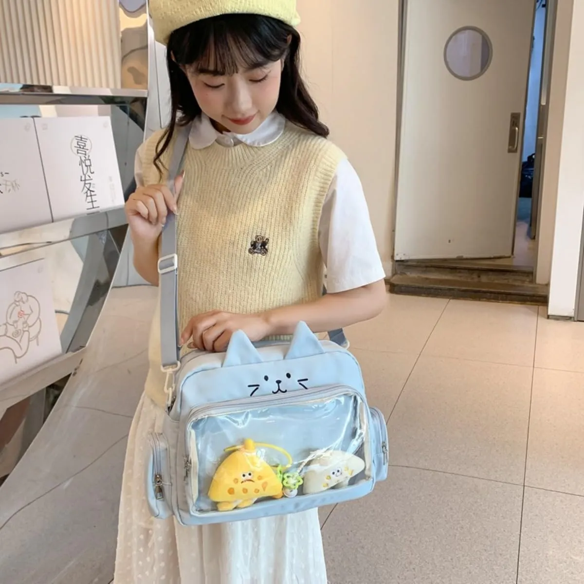 Cat Ita Bag with Clear Window & 2 Cute Doll Charms - Kawaii Y2K Japanese Anime Crossbody Itabag for Women