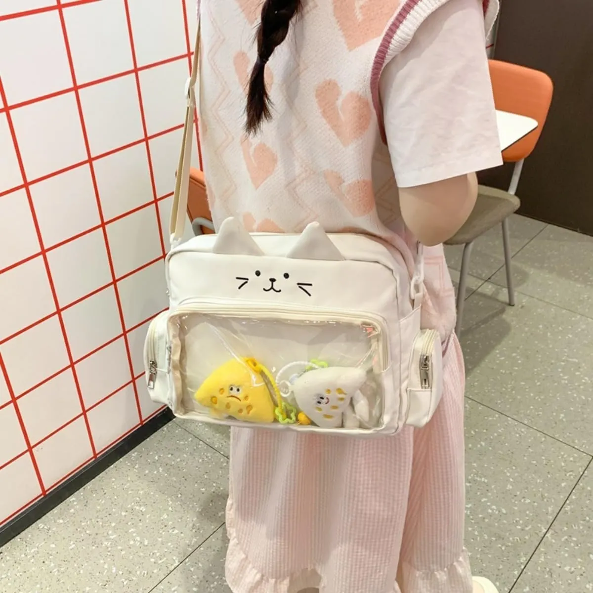 Cat Ita Bag with Clear Window & 2 Cute Doll Charms - Kawaii Y2K Japanese Anime Crossbody Itabag for Women