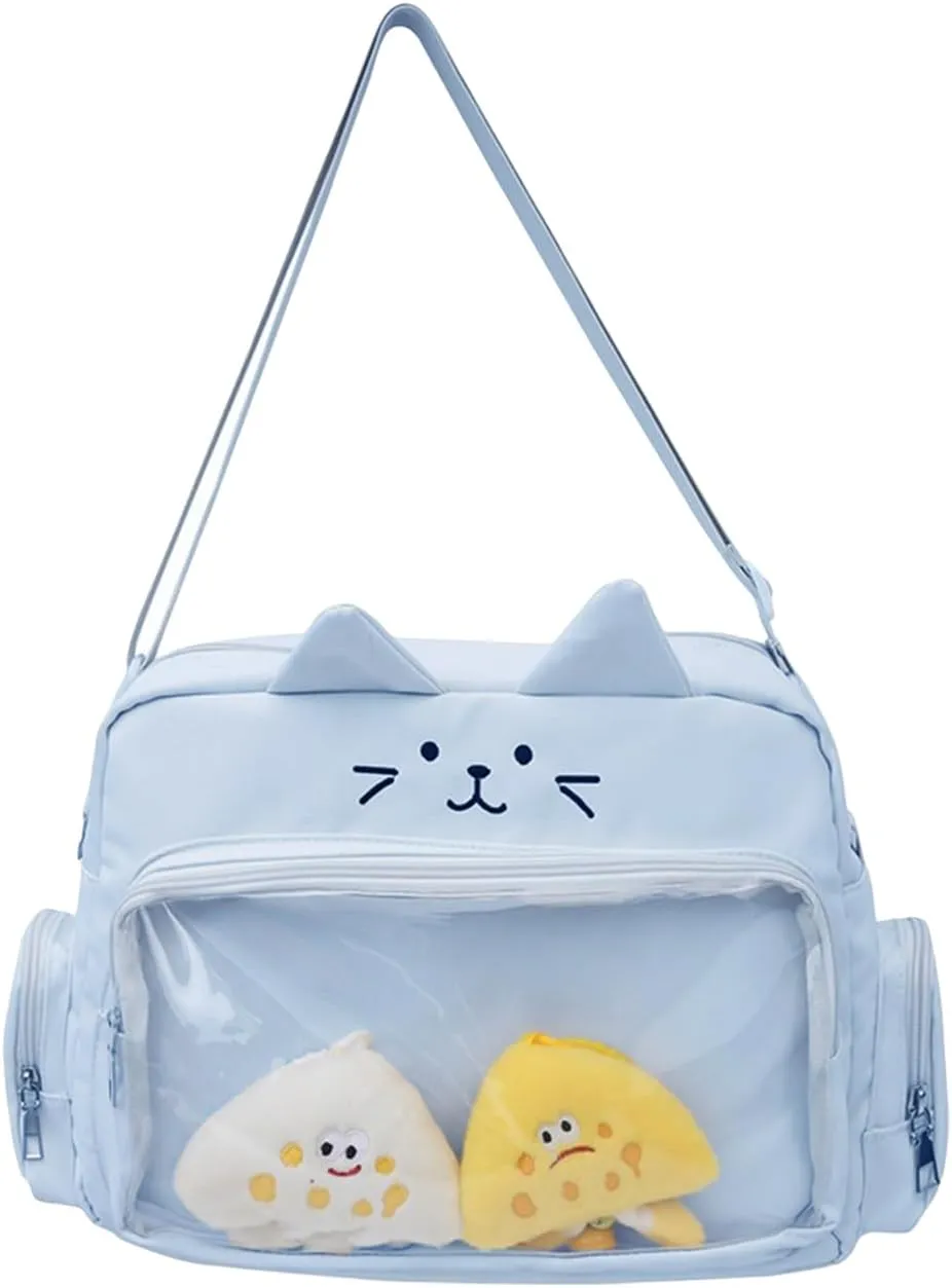Cat Ita Bag with Clear Window & 2 Cute Doll Charms - Kawaii Y2K Japanese Anime Crossbody Itabag for Women