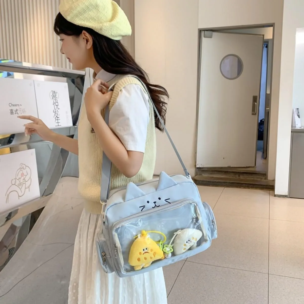 Cat Ita Bag with Clear Window & 2 Cute Doll Charms - Kawaii Y2K Japanese Anime Crossbody Itabag for Women