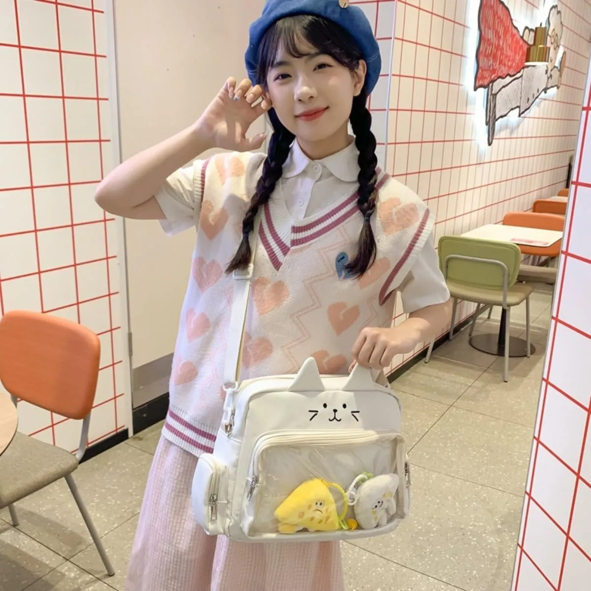 Cat Ita Bag with Clear Window & 2 Cute Doll Charms - Kawaii Y2K Japanese Anime Crossbody Itabag for Women