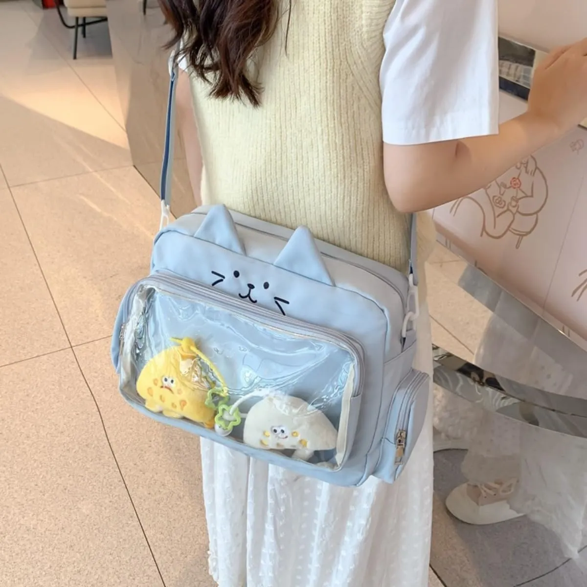 Cat Ita Bag with Clear Window & 2 Cute Doll Charms - Kawaii Y2K Japanese Anime Crossbody Itabag for Women