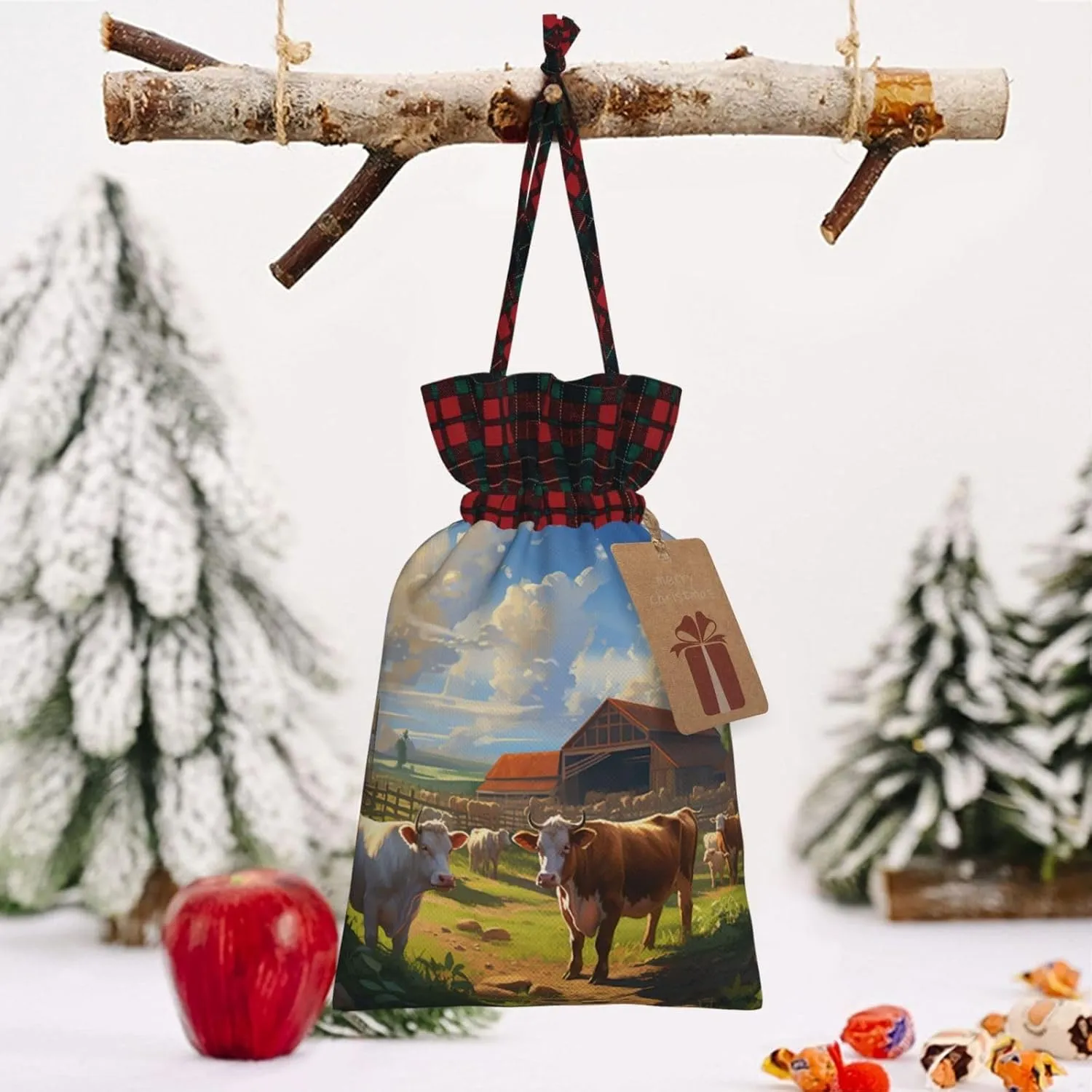 Cattle Farm Sanctuary Print Christmas Gift Bags With Drawstrings For Holiday Gift Bags, Christmas Goody Bags