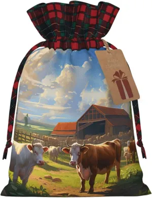 Cattle Farm Sanctuary Print Christmas Gift Bags With Drawstrings For Holiday Gift Bags, Christmas Goody Bags