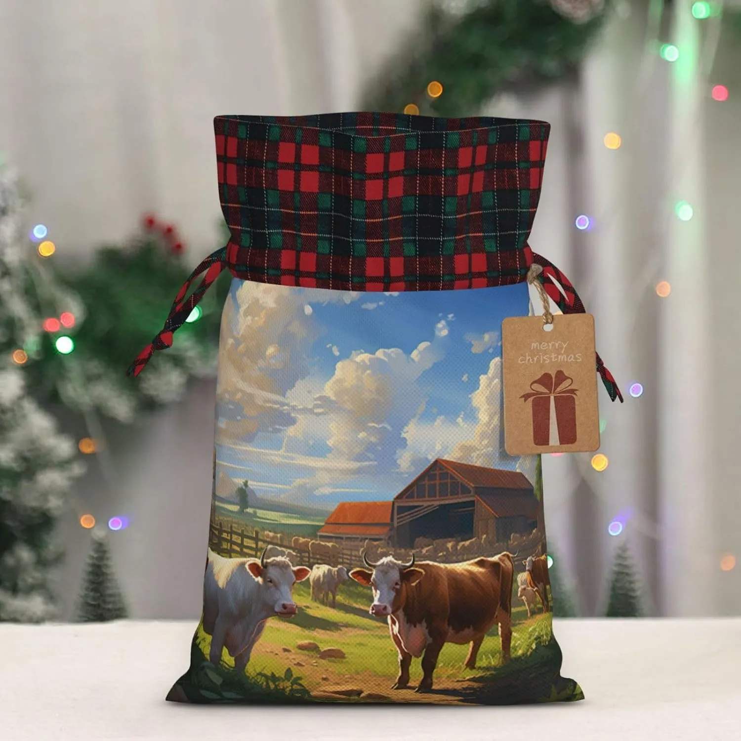 Cattle Farm Sanctuary Print Christmas Gift Bags With Drawstrings For Holiday Gift Bags, Christmas Goody Bags