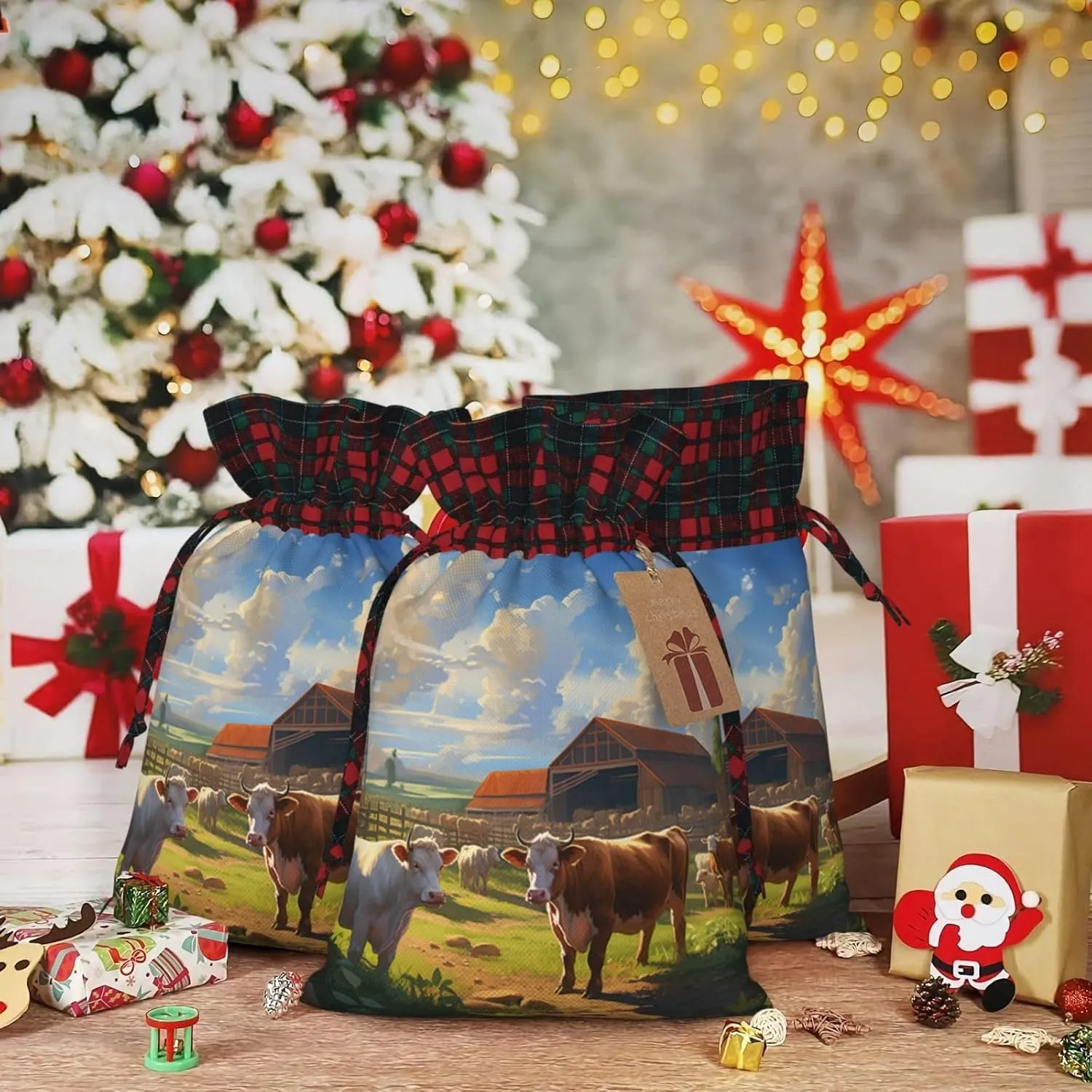 Cattle Farm Sanctuary Print Christmas Gift Bags With Drawstrings For Holiday Gift Bags, Christmas Goody Bags