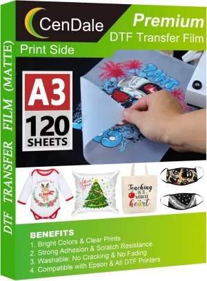 CenDale DTF Transfer Film A3-120 Sheets Double-Sided Matte DTF Film for Sublimation Hack, Direct to Film Printing for Light/Dark T-Shirts Textile, PreTreat PET Heat Transfer Paper, Cold & Hot Peel