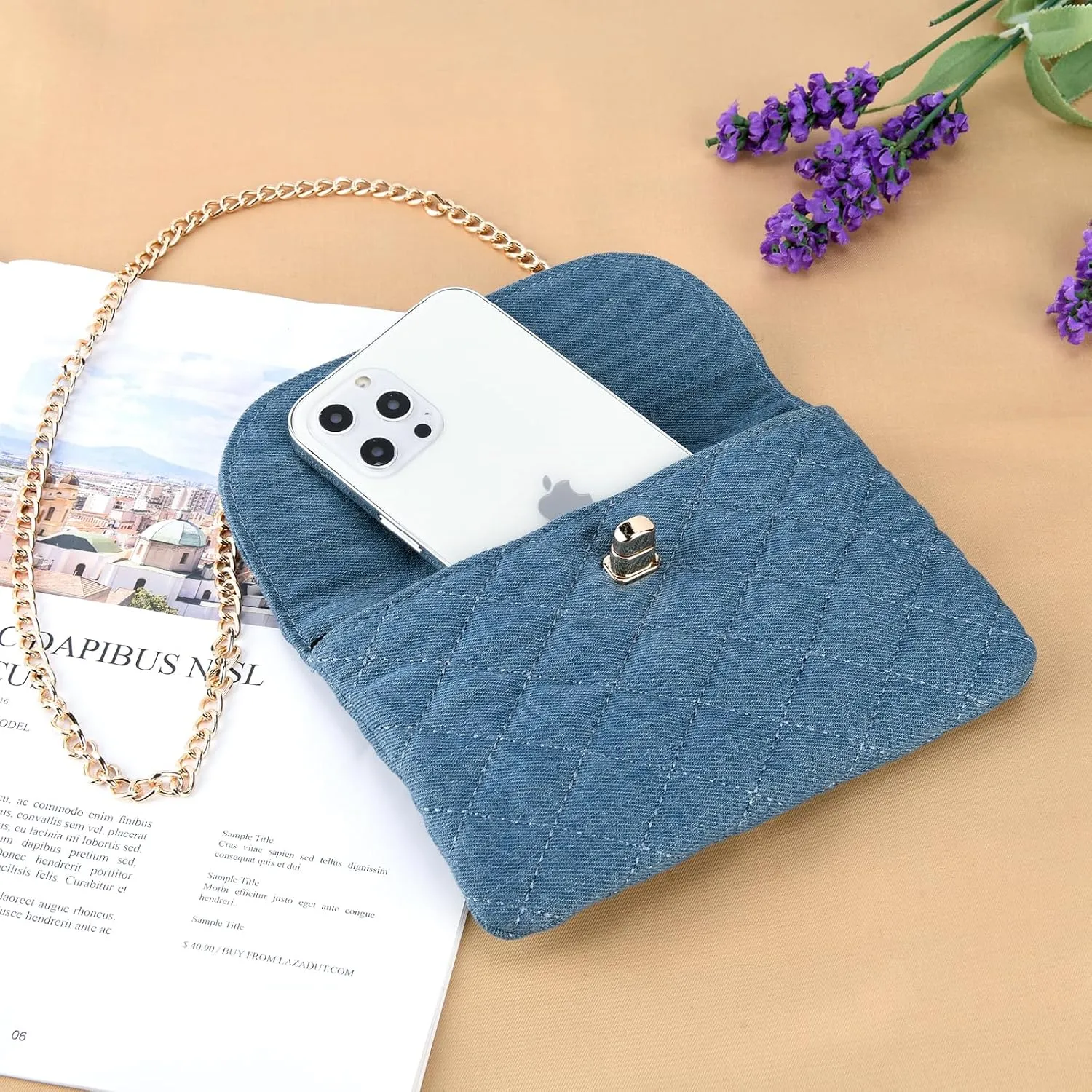 Chain belt bag for women, Fasion denim waist purse cell phone bag,Designer Checkered crossbody purse