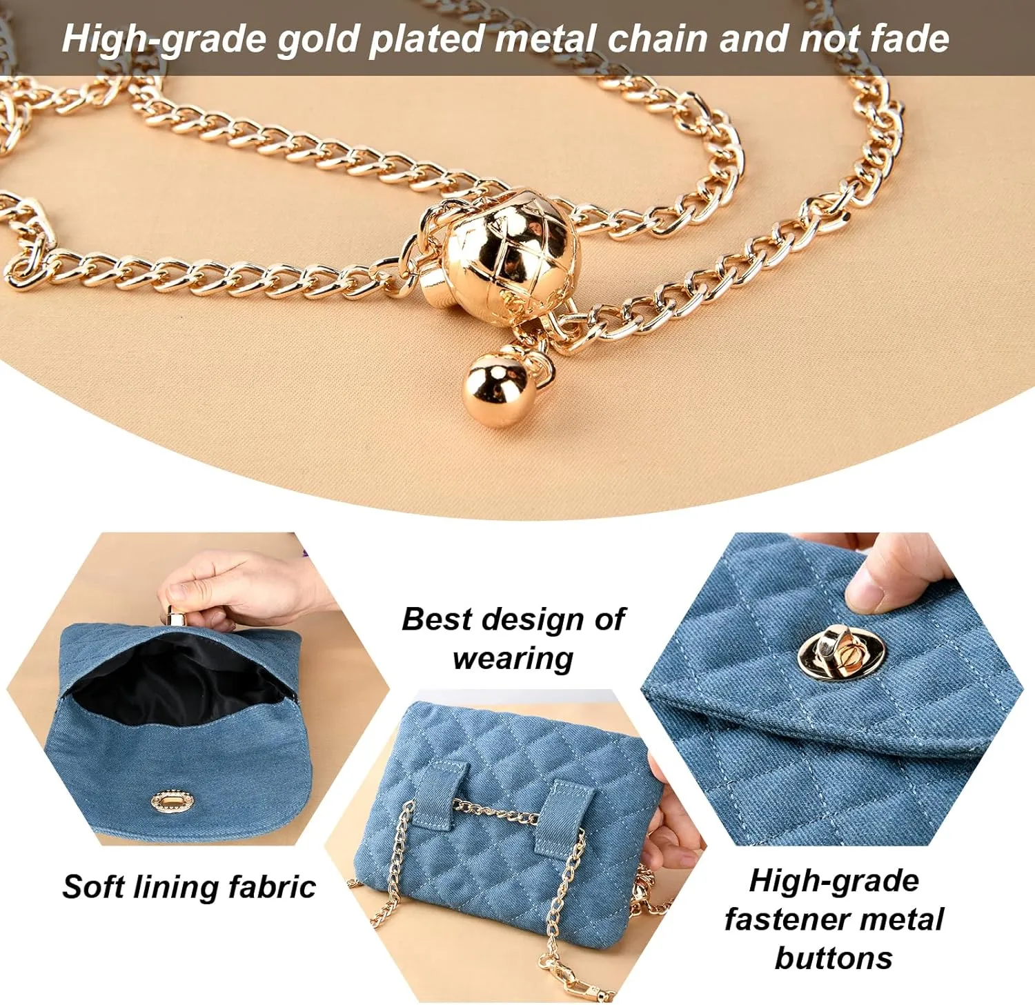 Chain belt bag for women, Fasion denim waist purse cell phone bag,Designer Checkered crossbody purse