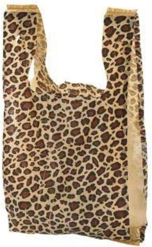 Charm Your Prince 100 LEOPARD PRINT Disposable Plastic T-Shirt Shopping Gift Bags with Handles by CYP - Small - 8" x 5" x 16"