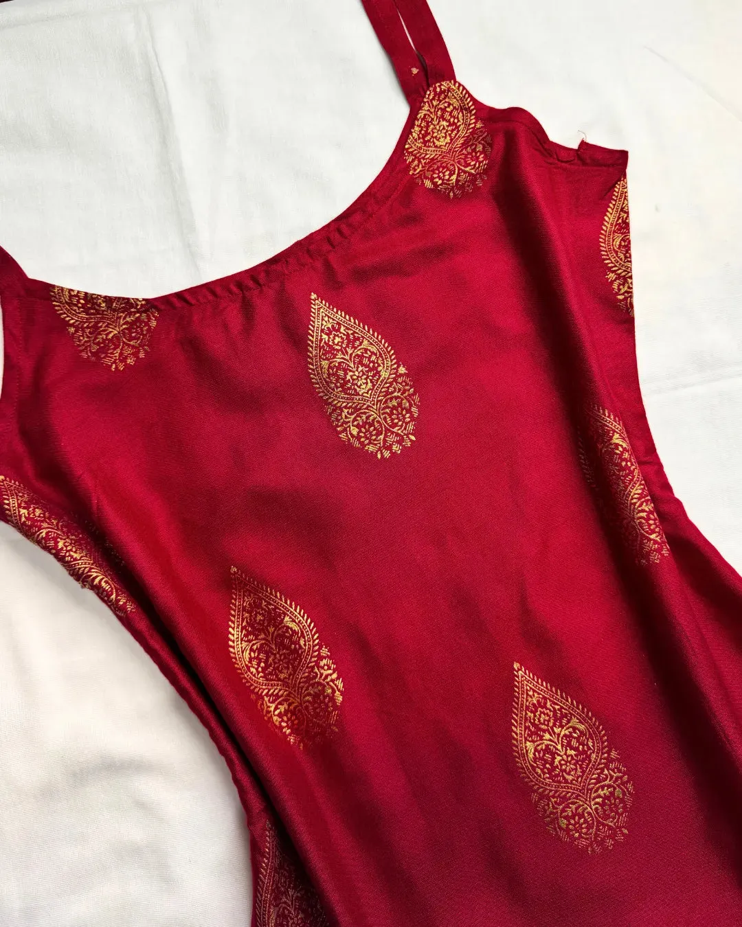 Cherry Foil-Print Cotton Sleeve-less Kurti-Top