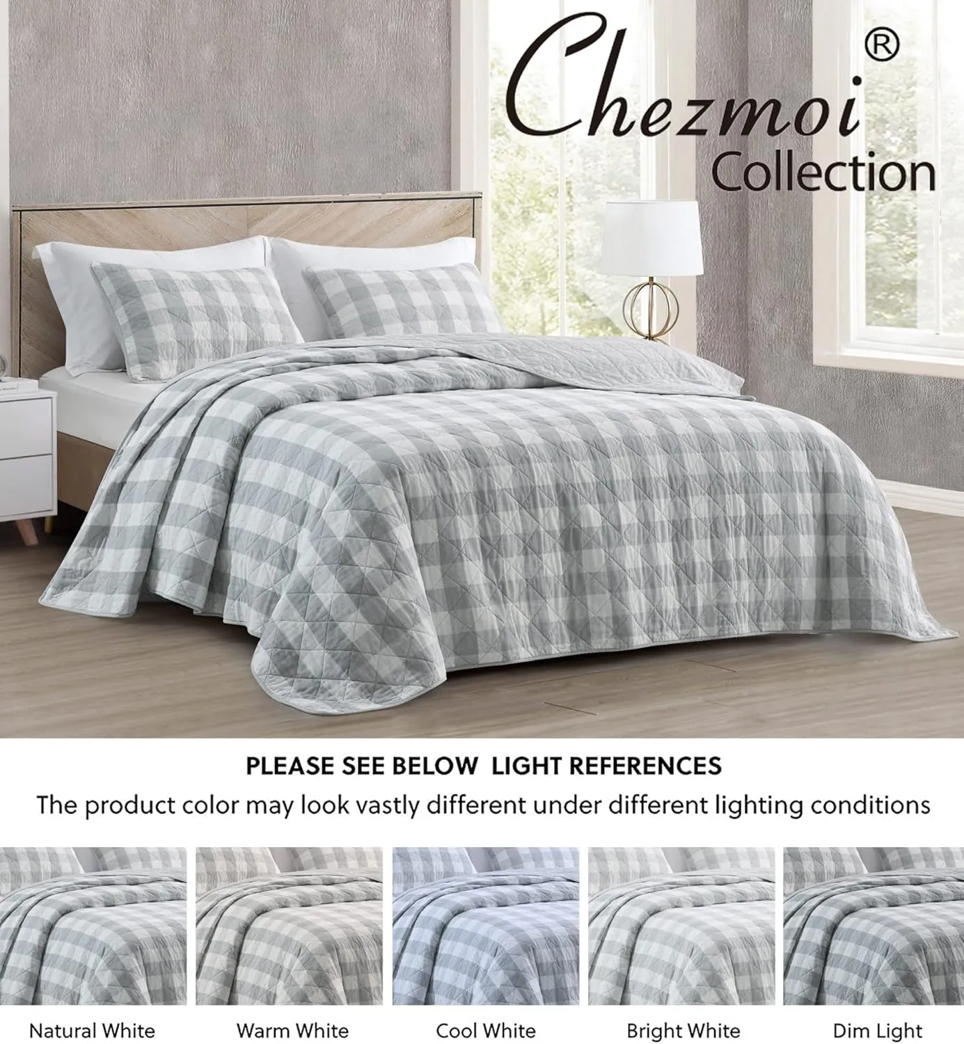 Chezmoi Collection 3-Piece Gray White Plaid Cotton Quilt Set - Buffalo Check Solid Reversible Bedspread - Pre-Washed Cotton Lightweight Coverlet, Queen Size