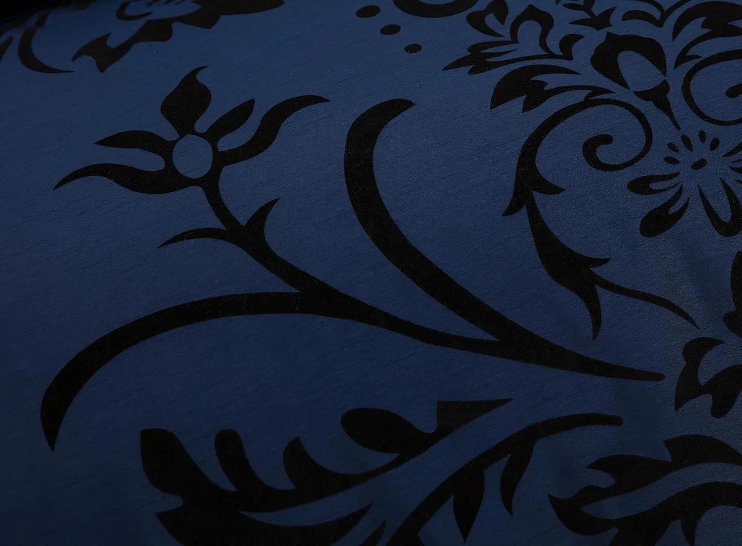 Chezmoi Collection Nobility 4-Piece Flocked Floral Faux Silk Window Curtain Set with Sheer Backing Valance, Navy/Black