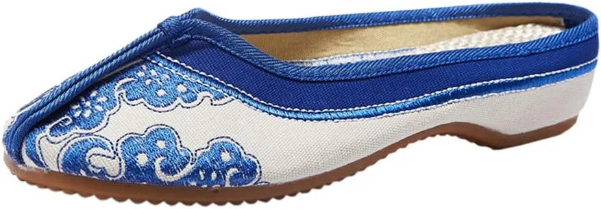 Chinese Style Embroidered Flower Shoes Women Blue and White Porcelain Canvas Slippers Backless Comfortable Flats Round Toe Loafers Casual Sandals