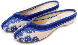 Chinese Style Embroidered Flower Shoes Women Blue and White Porcelain Canvas Slippers Backless Comfortable Flats Round Toe Loafers Casual Sandals