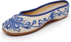 Chinese Style Embroidered Flower Shoes Women's Single Shoes Slippers Canvas Slippers Backless Comfortable Flats Round Toe Loafers Casual Sandals