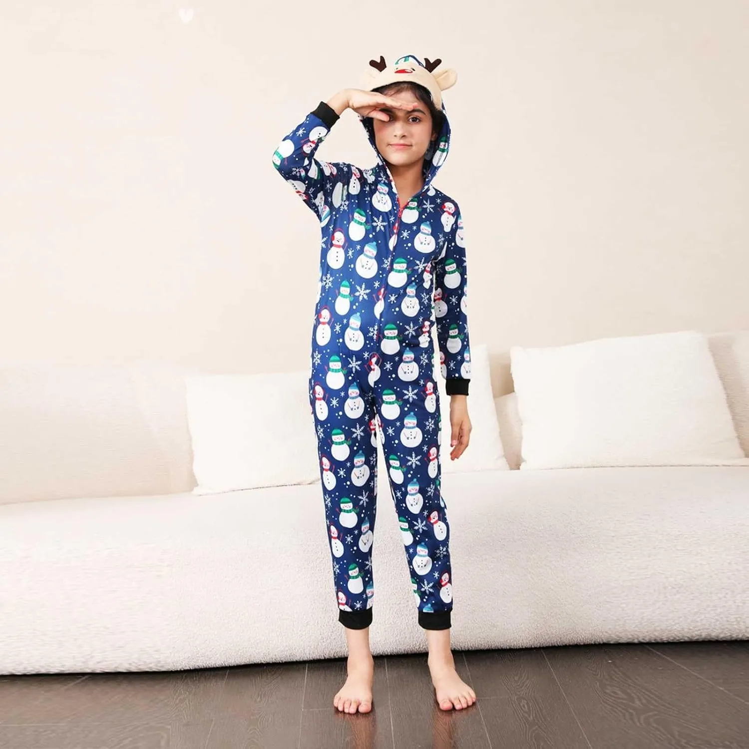 Christmas Matching Pajamas for Family Onesie Flannel Winter Warm Pjs Zip Up Hooded One Piece Sleepwear Loungewear