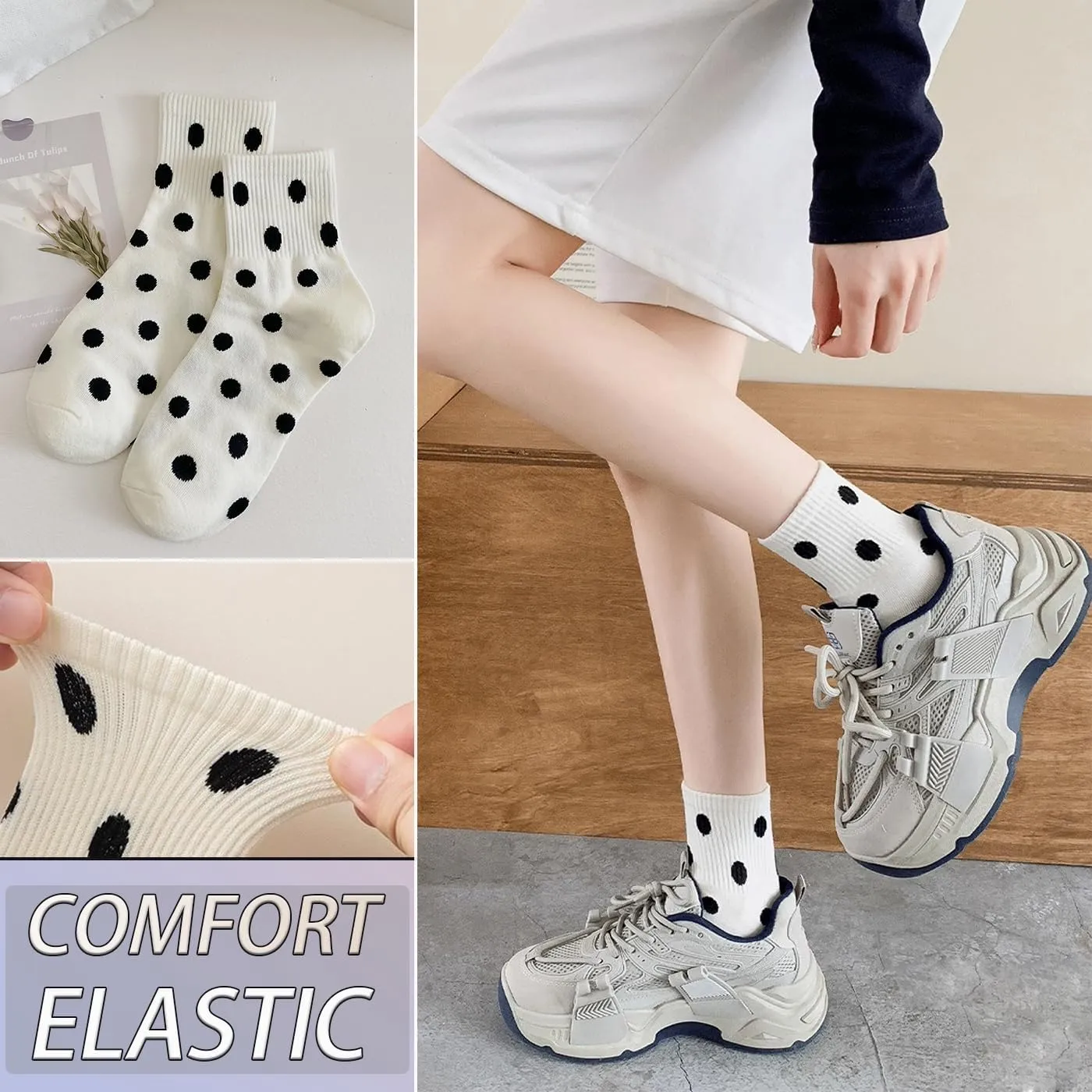 CHUNFO Womens Striped Colorful Ribbed Ankle Socks Cute Dot Athlete Crew Cotton Casual Sock Size5-10.5