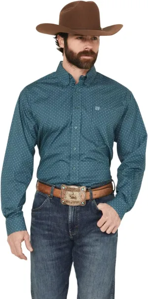 Cinch Mens Green Print Classic Fit Long Sleeve Button Down Shirt