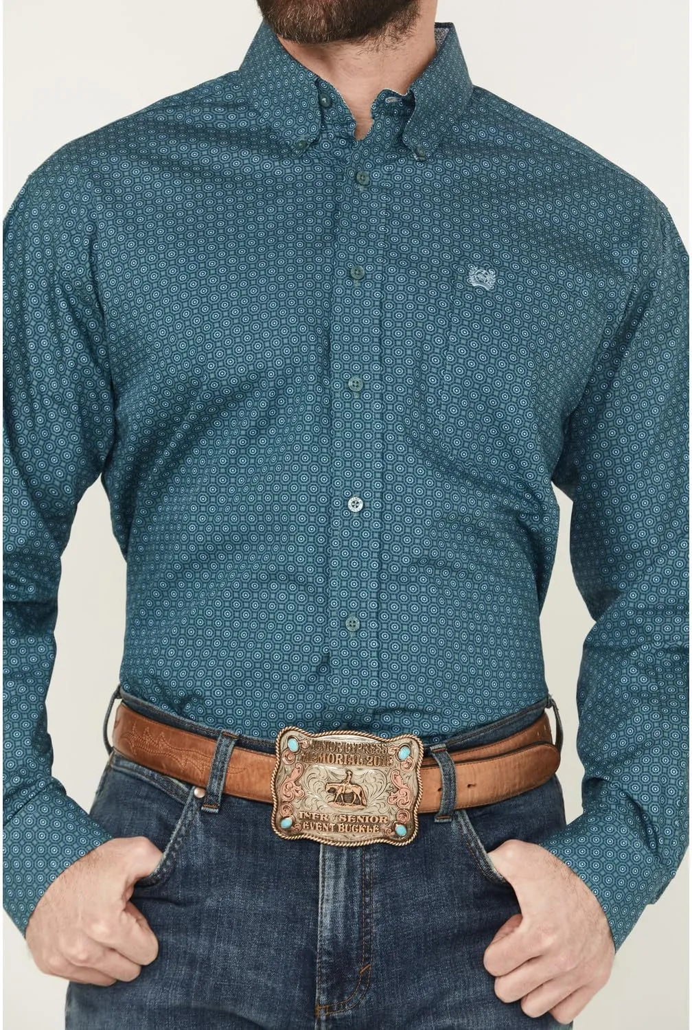 Cinch Mens Green Print Classic Fit Long Sleeve Button Down Shirt