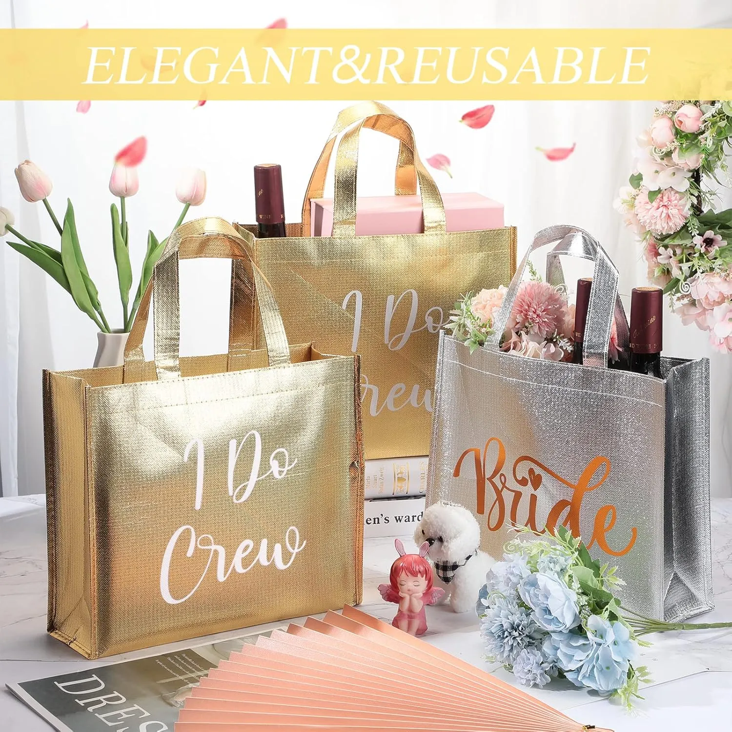 Cindeer 12 Pcs Let's Go Girls Bridesmaid Bags Holographic Bachelorette Gift Bags Glossy Bags(Silver, Gold,I Do Crew)