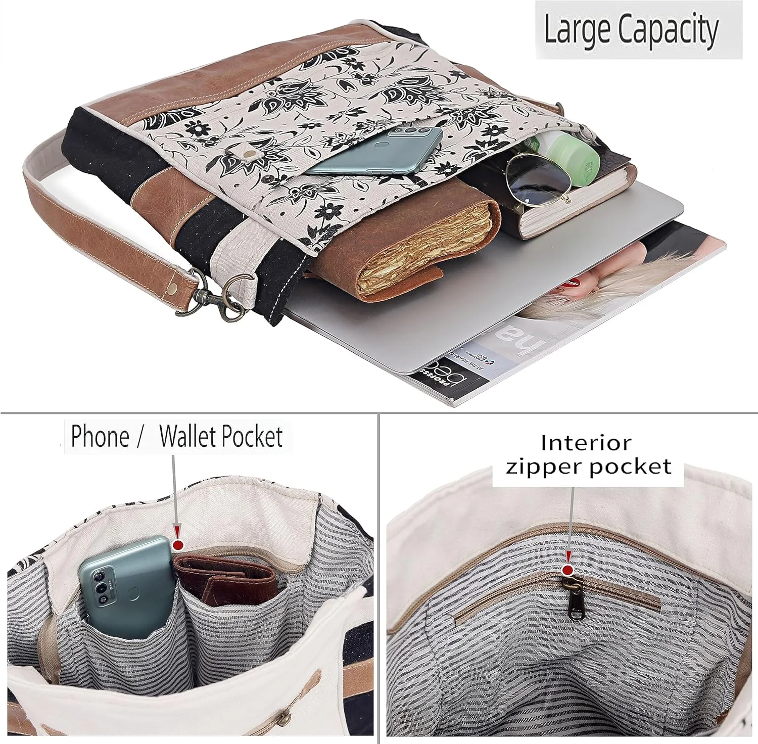 CLA Bags SEL de MER Upcycled Off-White Blossom Print Canvas & Leather Shoulder Bag, Canvas Crossbody Bags for Women